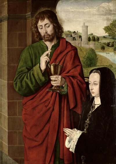 Anne van Frankrijk (1462-1522) Dame van Beaujeu, Hertogin van Bourbon, gepresenteerd door St. Johannes de Evangelist, rechtervleugel van een drieluik, c.1492-93 door Master of Moulins